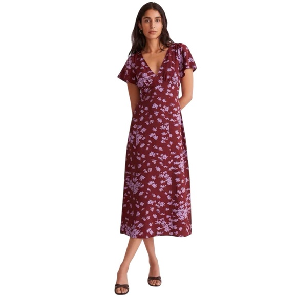 Madewell Dresses & Skirts - Madewell Maroon Midi Dress with Lavender Floral Print